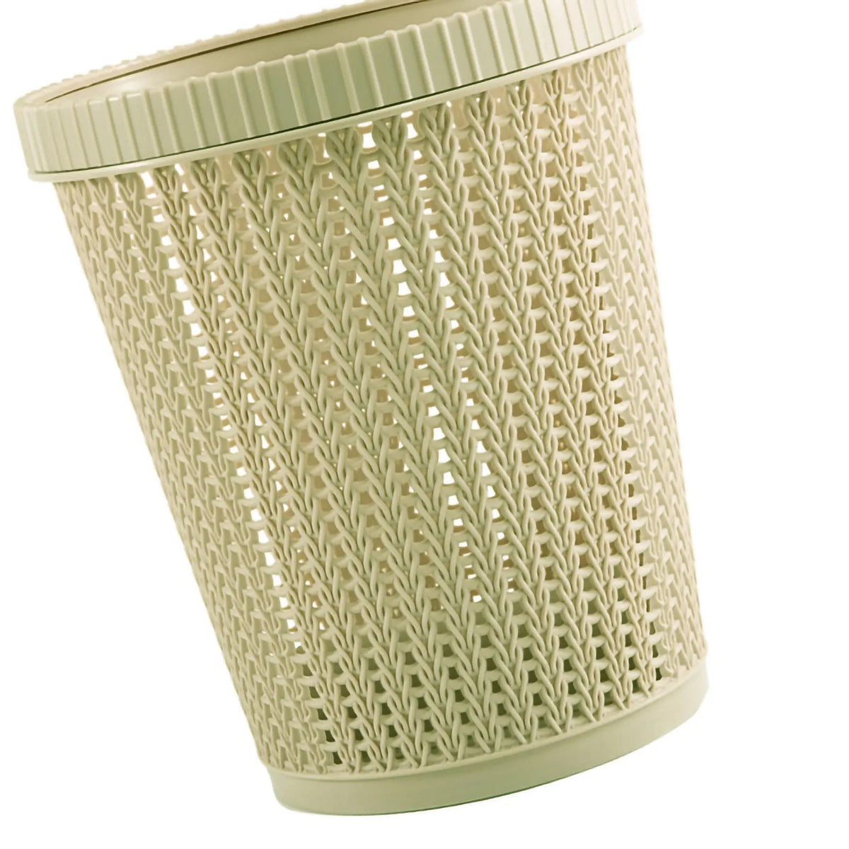 Rubbish Bin Round Rattan-Look Plastic Waste Basket with Built-In Bag Box - Pink