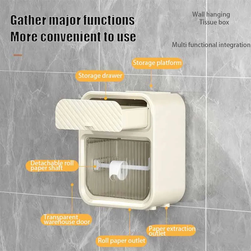Waterproof Toilet Paper Storage Box Wall Mounted Tissue Holder with Storage Shelf – White