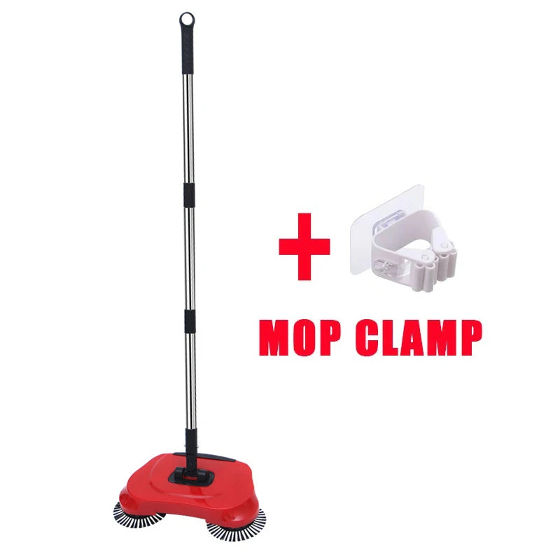 Hand Push Sweeper 360° Rotating Floor Cleaner with Adjustable Handle Manual Cleaning Tool - Red with Mop Clamp