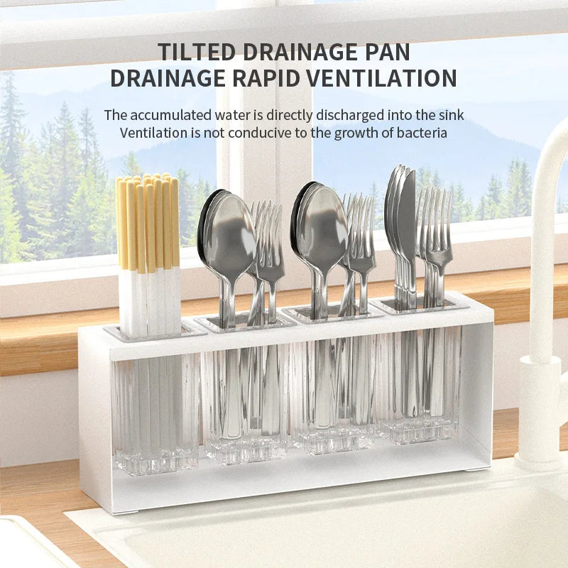 Cutlery Holder 4 Compartment Auto Draining Kitchen Utensil Drying Rack Countertop Organiser – White