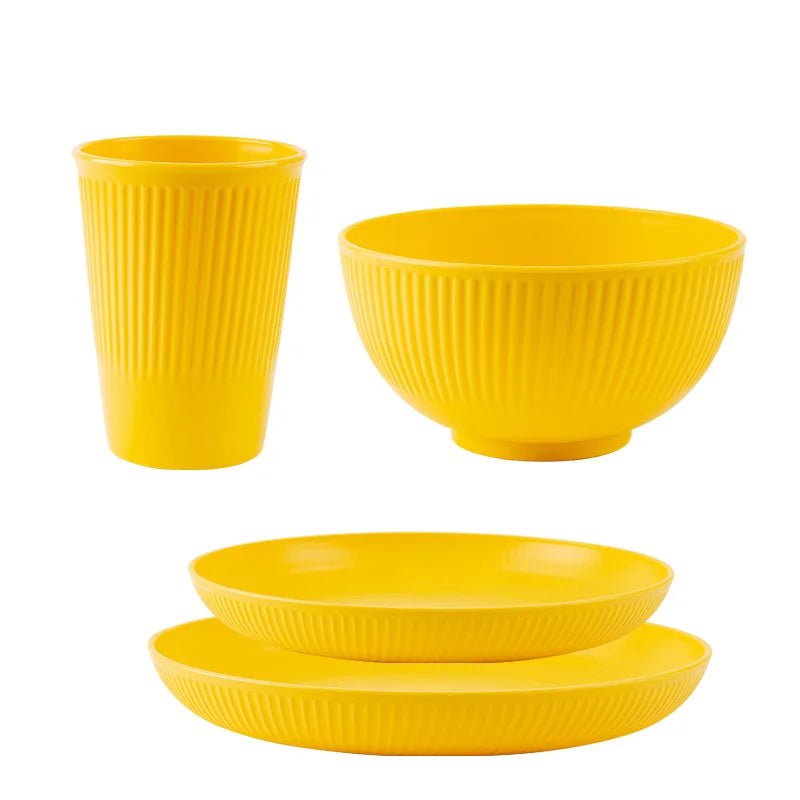 4 Piece Wheat Straw Dinnerware Set Bowl Cup Plate Tableware Kit for Camping and Picnics – Yellow