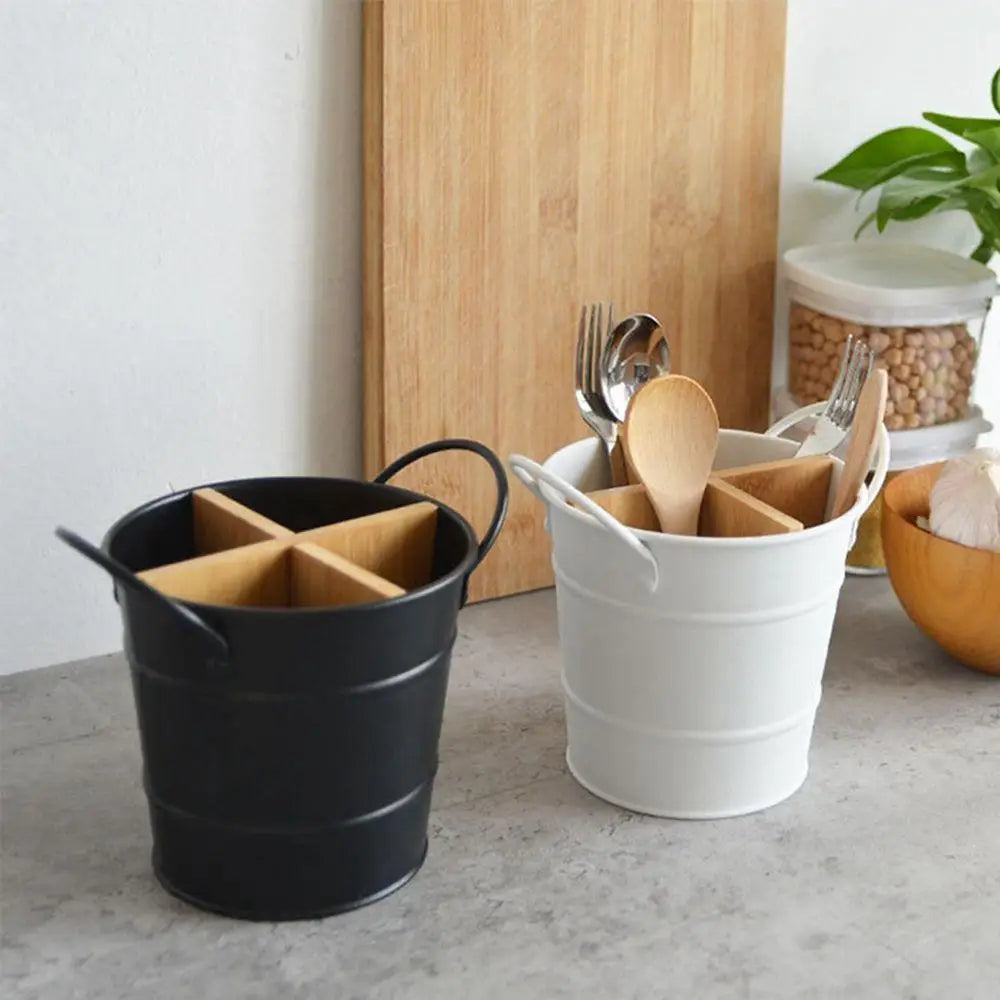 Kitchen Utensil Holder Cutlery Organizer Storage Rack with Bamboo Divider for Spoons Chopsticks and Cooking Tools – Black