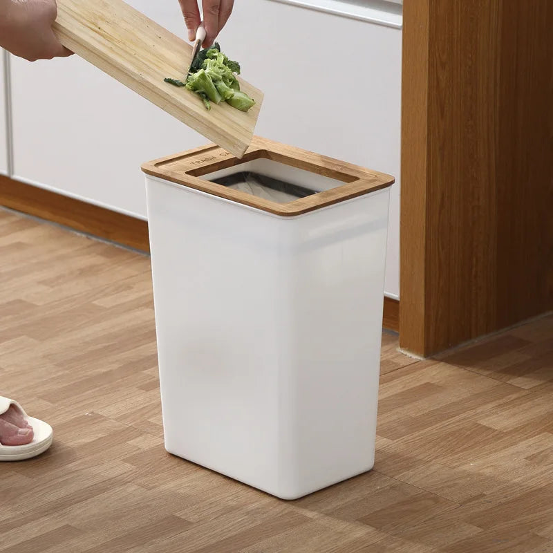 7.5L Countertop Waste Bin with Wooden Lid Tissue Holder Kitchen Bathroom Storage Bin