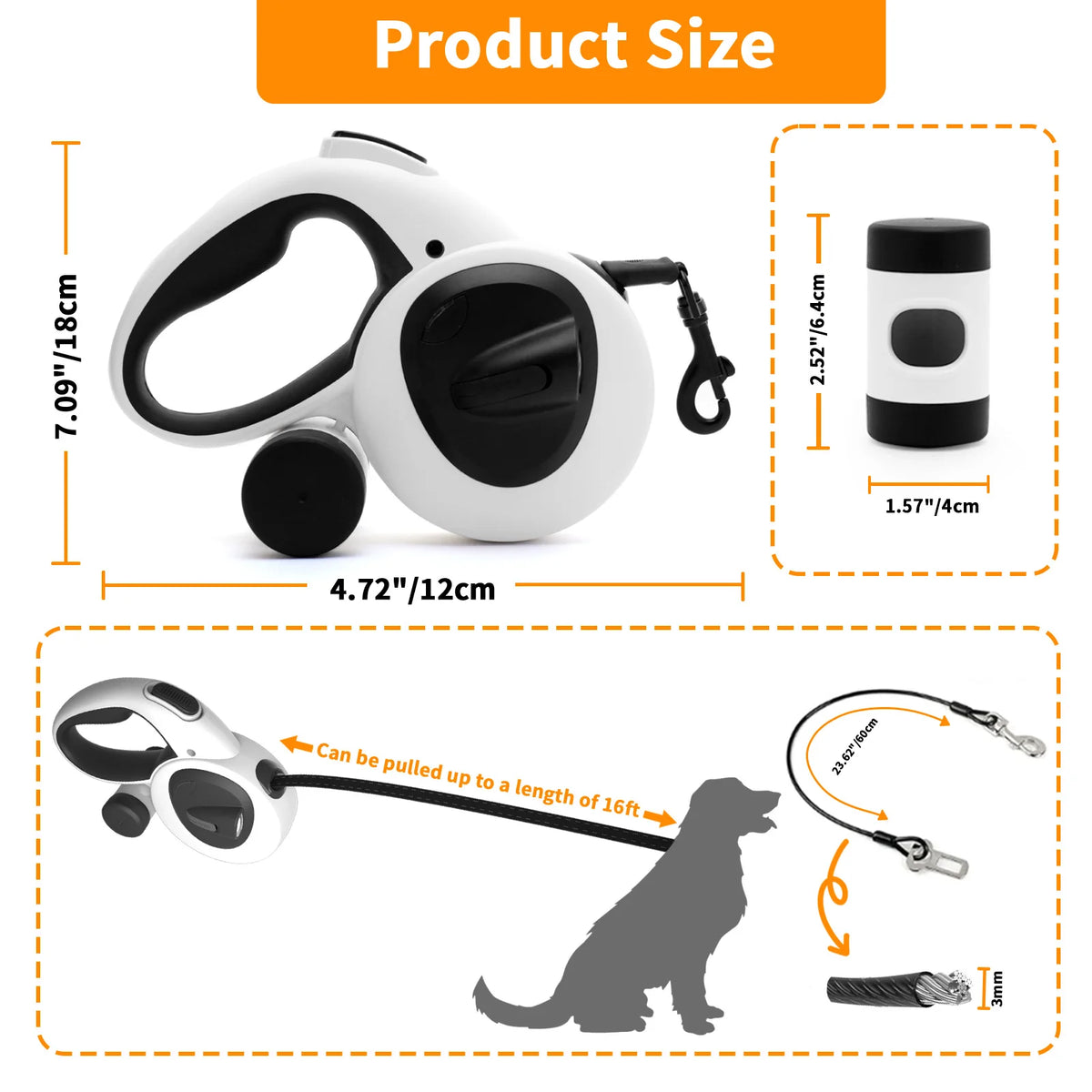 Dog Leash 4.9 m Retractable Rechargeable LED Light Steel Cable with Waste Bag Holder for Outdoor Walks