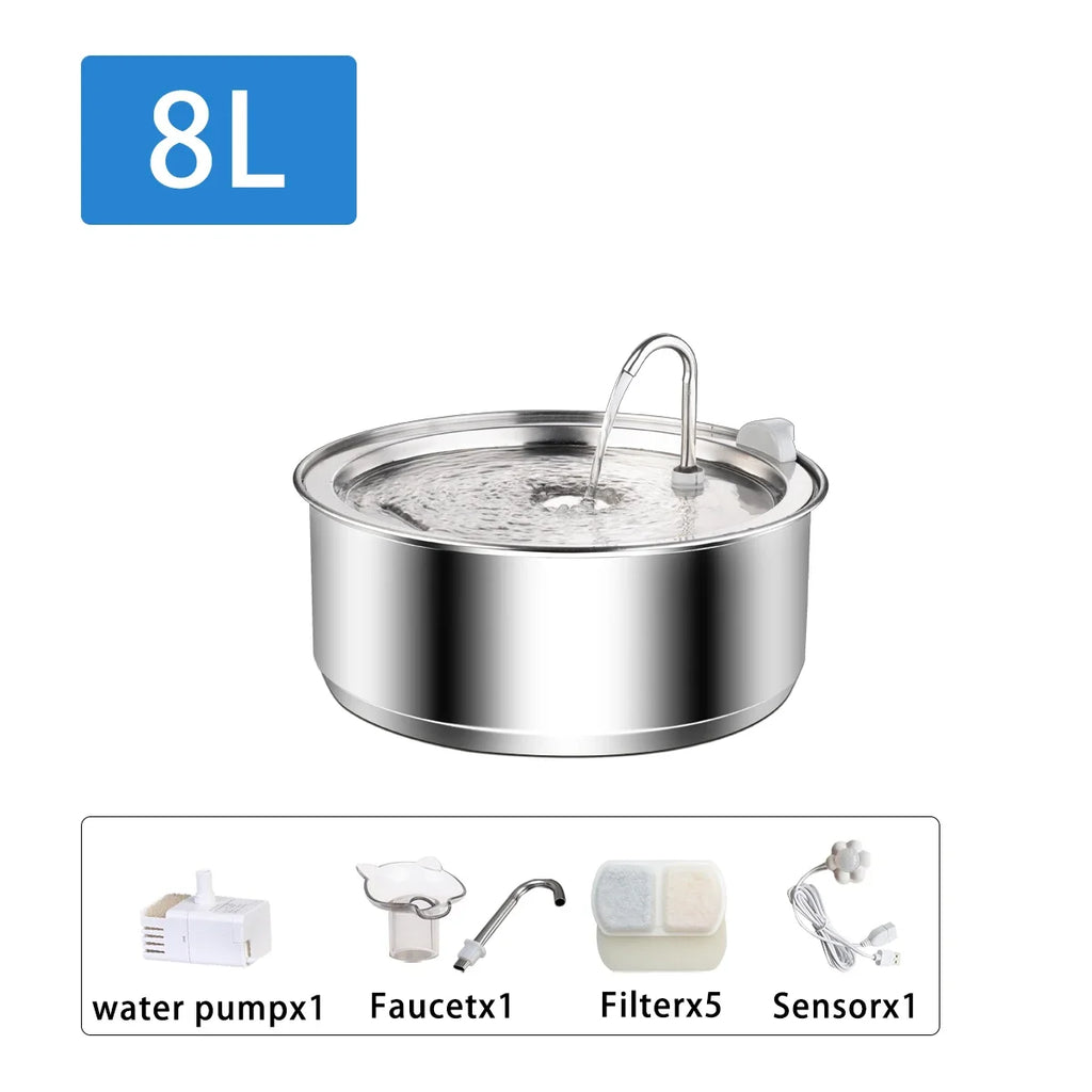 Pet Water Fountain 8L Stainless Steel Automatic Drinking Fountain with Motion Sensor and 5 Filters