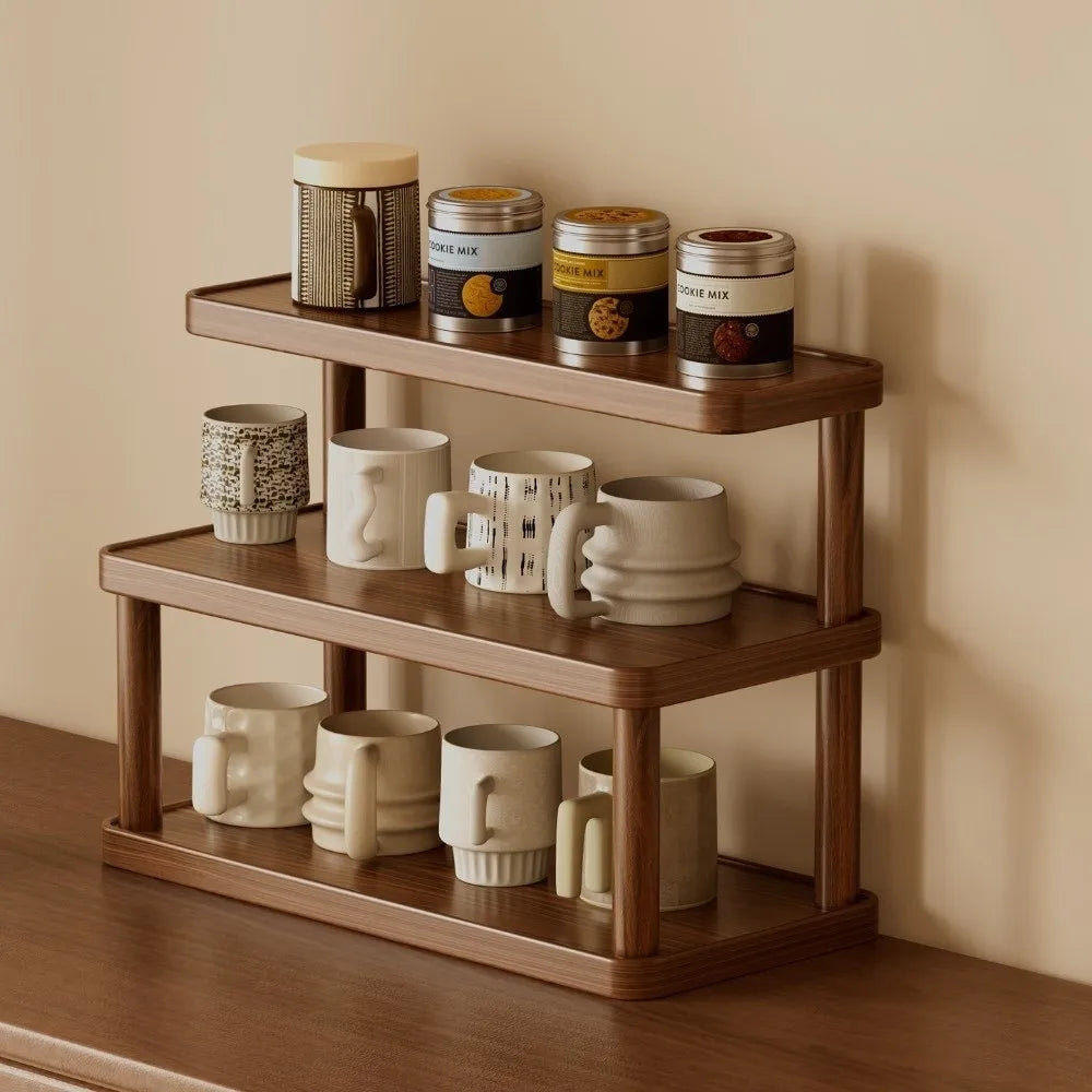 2 Tier Wooden Cup Storage Rack 50cm Coffee Mug Display Shelf Countertop Organizer for Kitchen Office