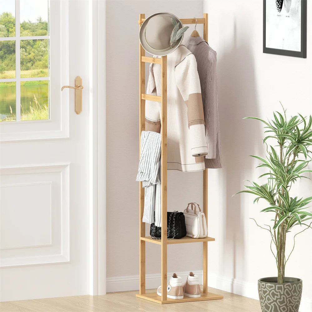 Garment Rack 155cm Bamboo Corner Freestanding Coat Tree Organiser – Yellow