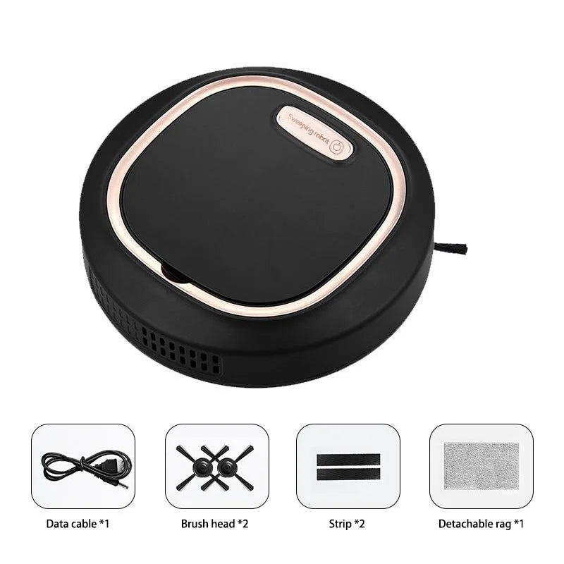 Robot Vacuum Cleaner 1200Pa USB Rechargeable Wet and Dry Floor Sweeper 90Min Runtime - Black