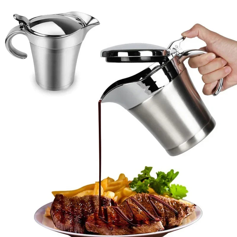Gravy Jug 750 mL Stainless Steel Double Wall Sauce Boat with Hinged Lid - Silver