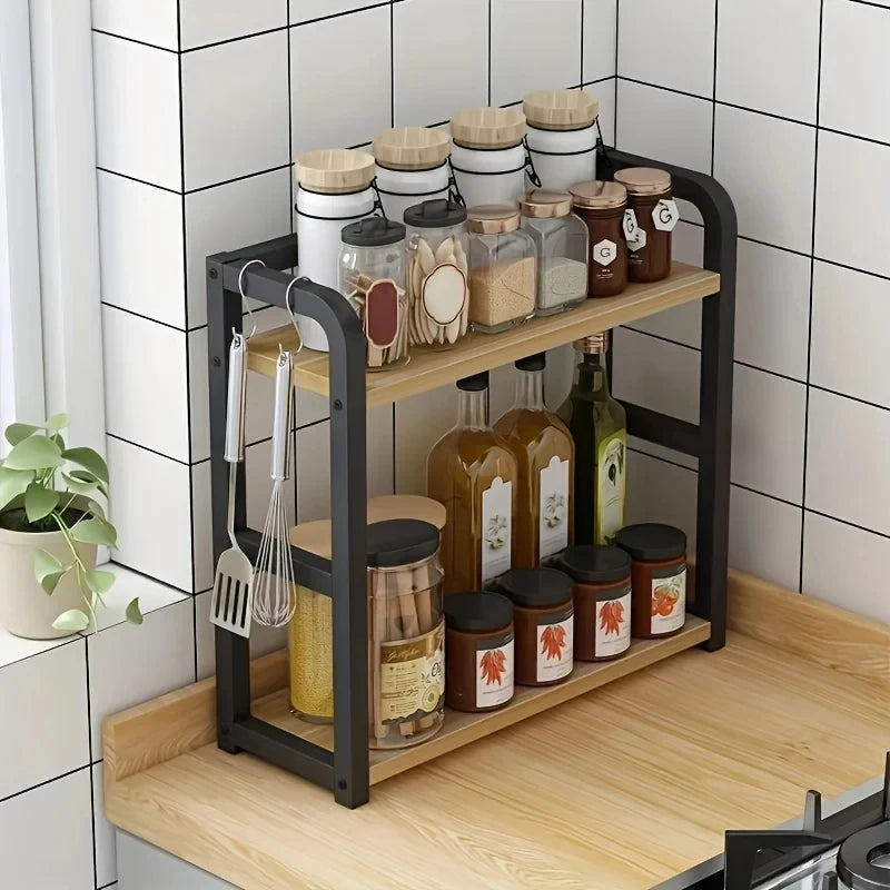 Kitchen Bench Shelf 2 Tier Iron Countertop Storage Rack Organiser - Natural Wood