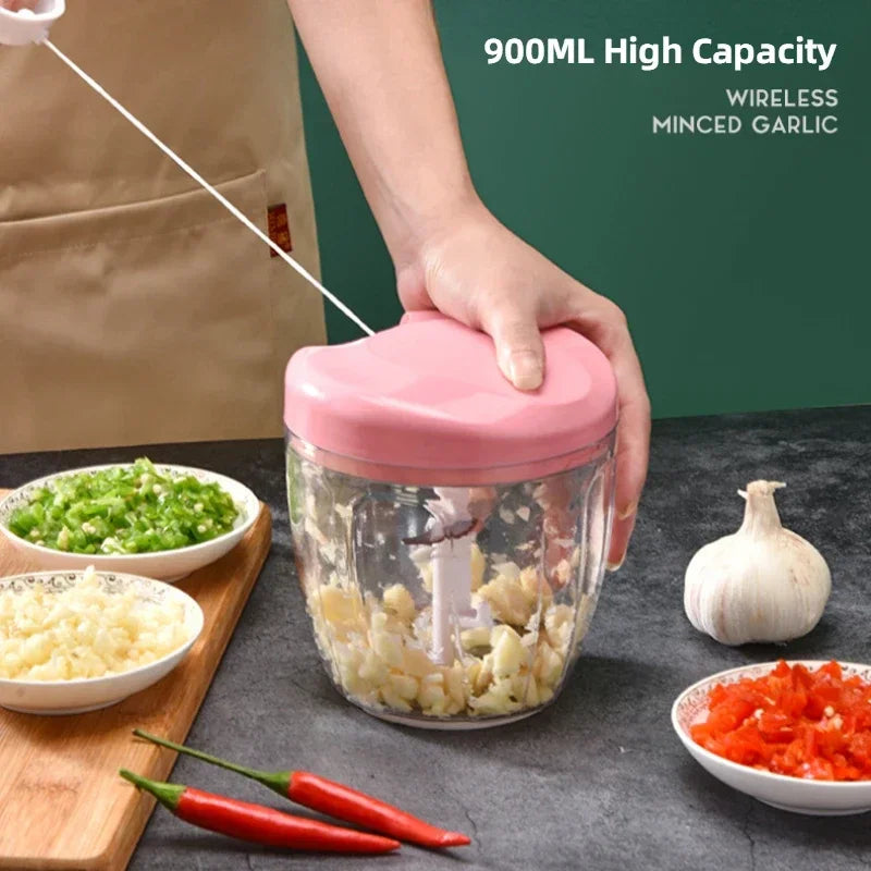 Manual Food Chopper 500mL Hand Pull Garlic Vegetable Onion Meat Mincer with Stainless Steel Blades – Pink