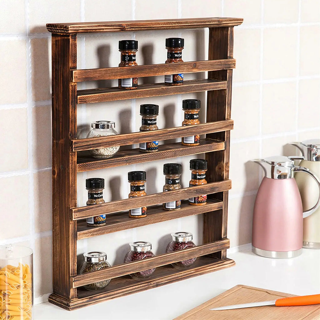 Floating Spice Rack 4 Tier Wall Mounted Wooden Kitchen Shelf Organiser - Brown