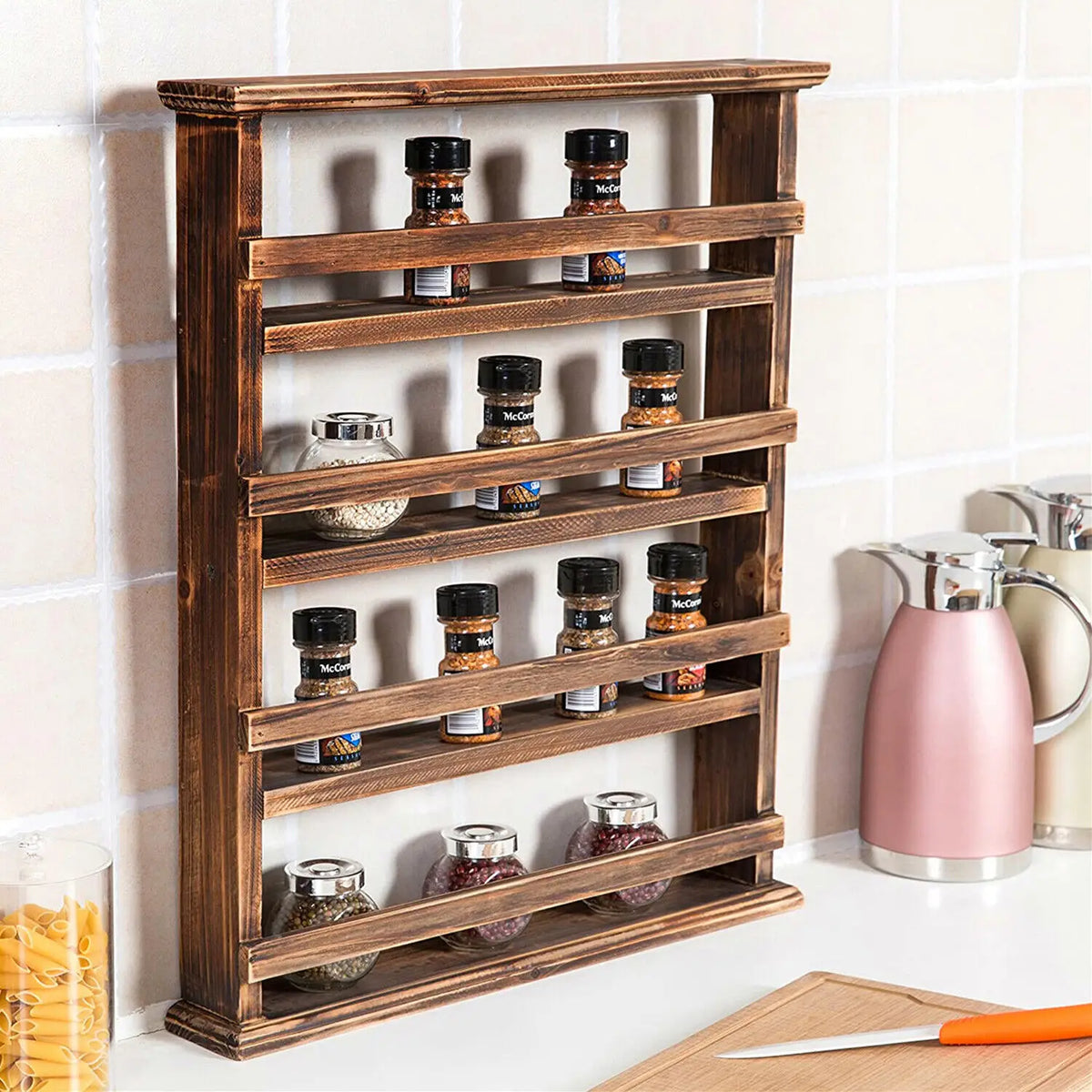Floating Spice Rack 4 Tier Wall Mounted Wooden Kitchen Shelf Organiser - Brown