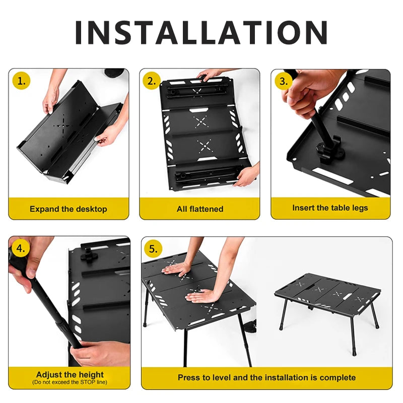 Folding Camping Table Adjustable Height Aluminium Frame with Side Rack - Black