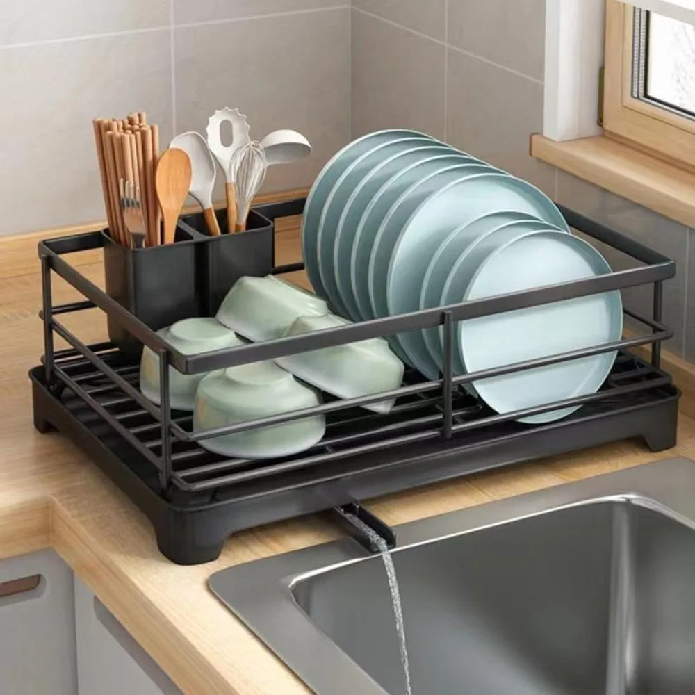 Dish Drying Rack Carbon Steel Kitchen Storage Organiser with Drainer Tray