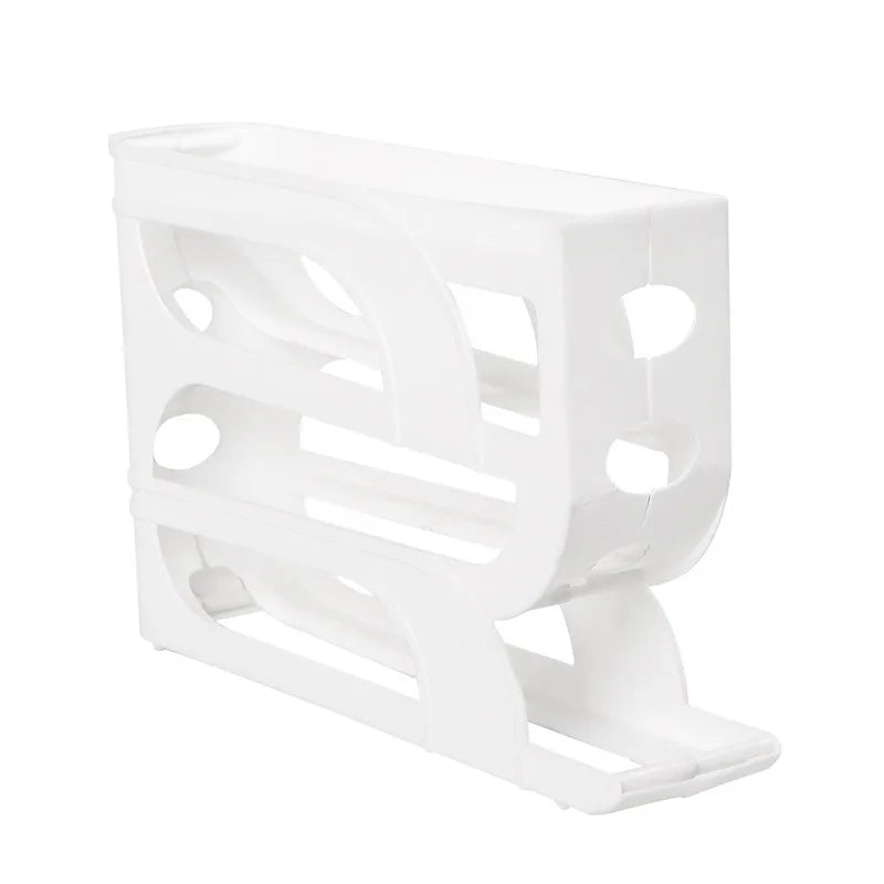 4 Tier Automatic Roll-Out Egg Storage Rack Refrigerator Egg Organizer Holder for Up to 30 Eggs – White