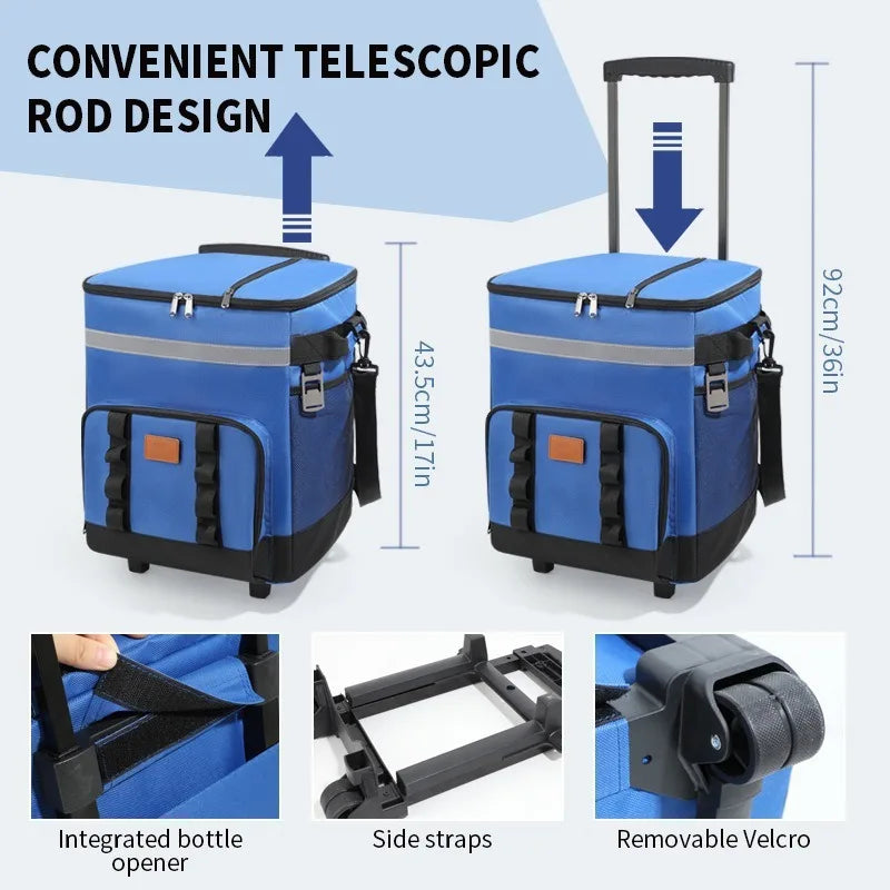 Rolling Cooler Bag Insulated Wheeled Picnic Tote With Trolley Handle – Grey