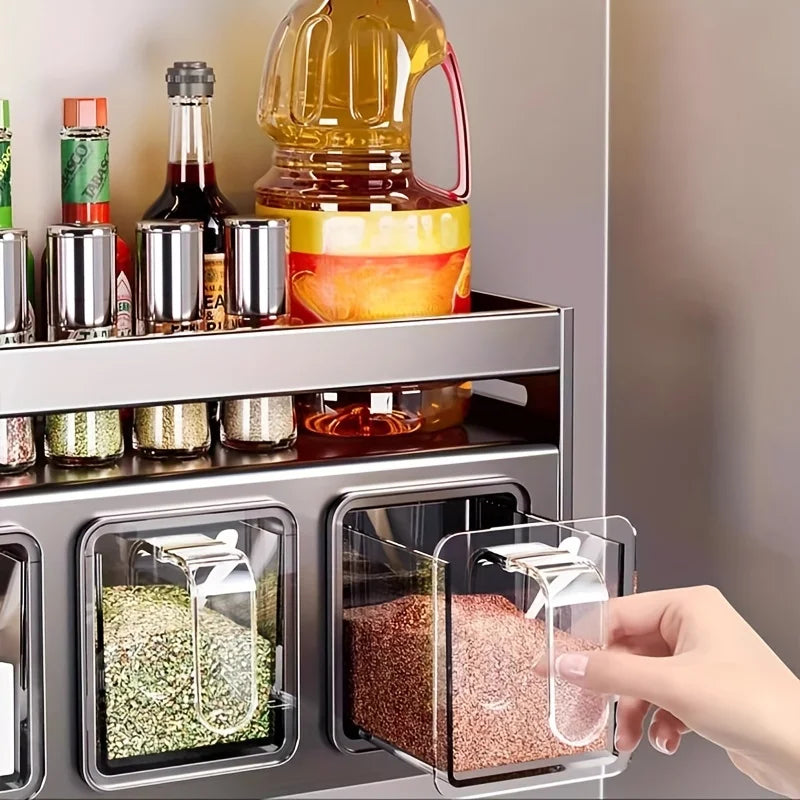 Wall Mounted Kitchen Spice Rack Set with Sealed Containers and Dispensers No Drilling Required