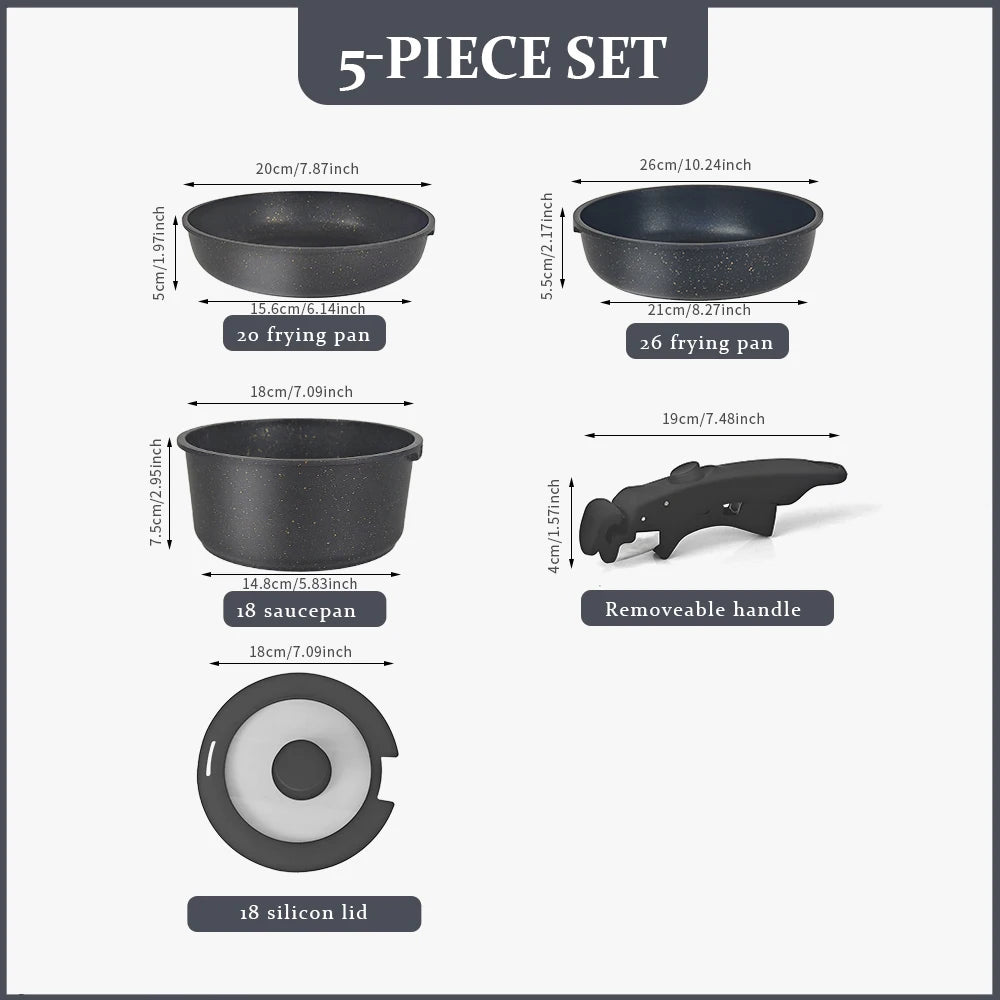 Non-Stick Cookware Set 5PCS – Aluminum Alloy Pots & Pans with Lid – Ultra Durable Granite Coating – Eco-Friendly Kitchen Set - Black