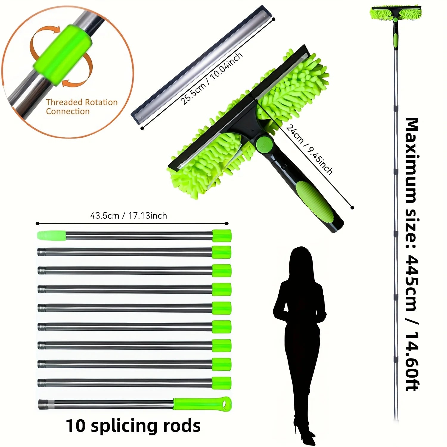 Window Cleaning Kit 2 in 1 Squeegee Microfiber Cleaner with 430cm Extension Pole Green