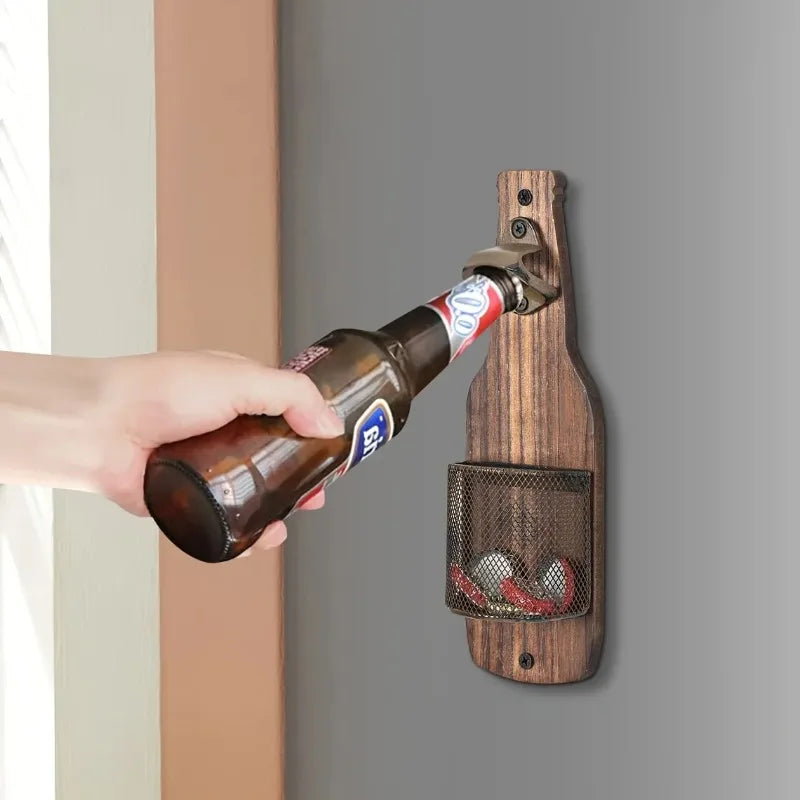 Industrial Wall Mounted Beer Bottle Opener with Cap Catcher Rustic Wooden Bottle Shaped Bar Opener – Brown