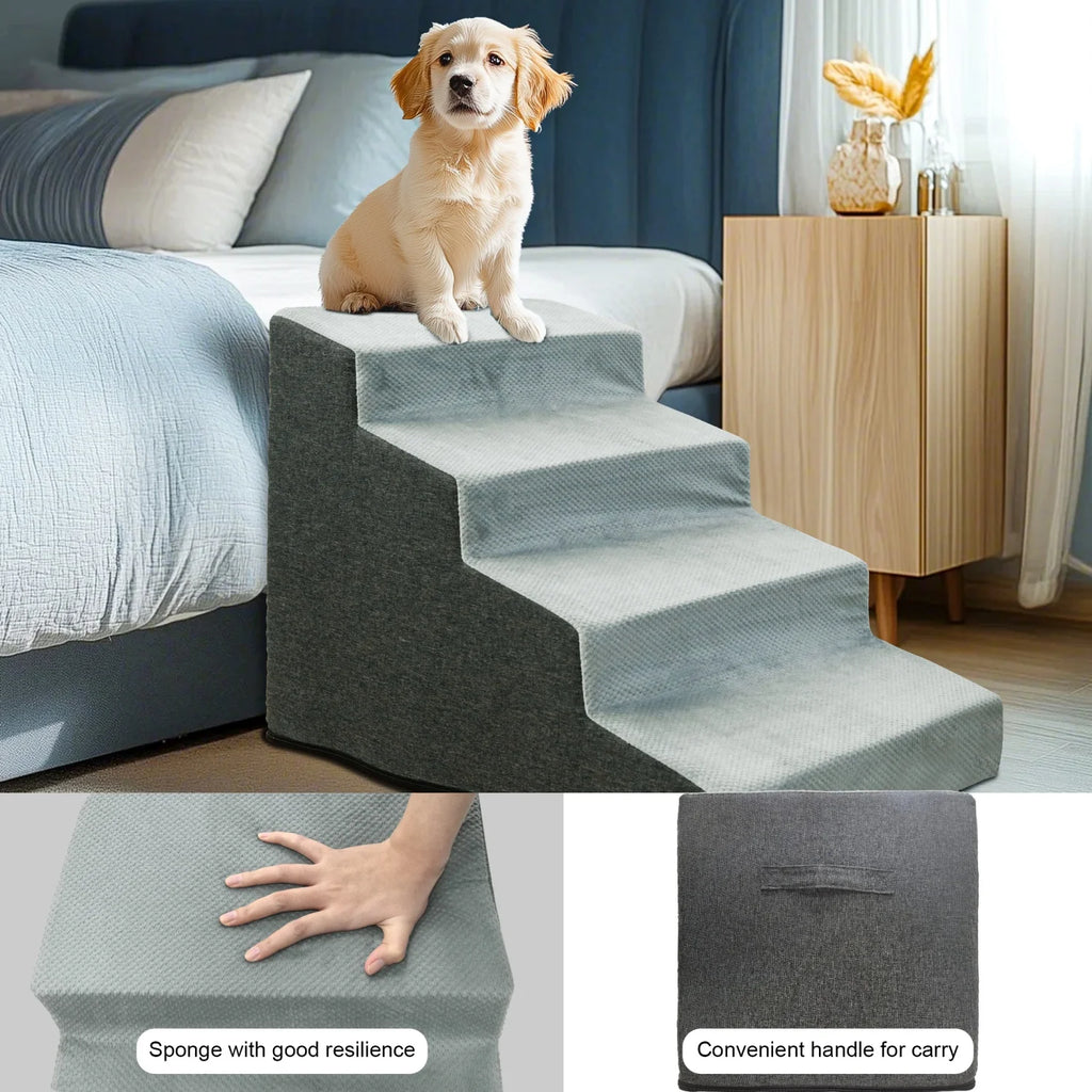 4 Step Non-Slip Dog Stairs Ramp with Washable Cover Soft Foam Pet Steps for Sofa Bed and Couch – Grey
