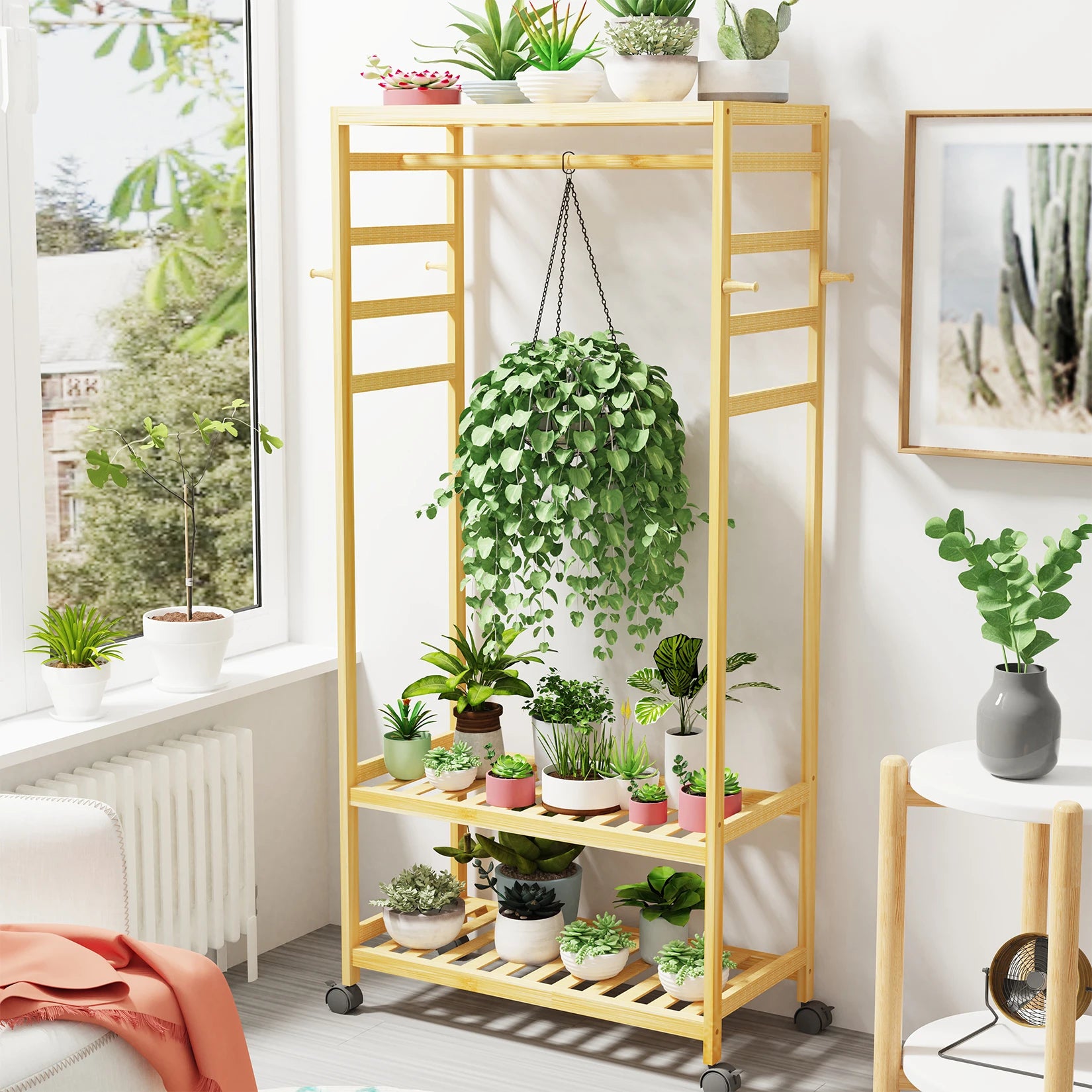 Bamboo Garment Rack with Shelves and Rolling Wheels Freestanding Clothes Hanging Organizer – Natural Wood