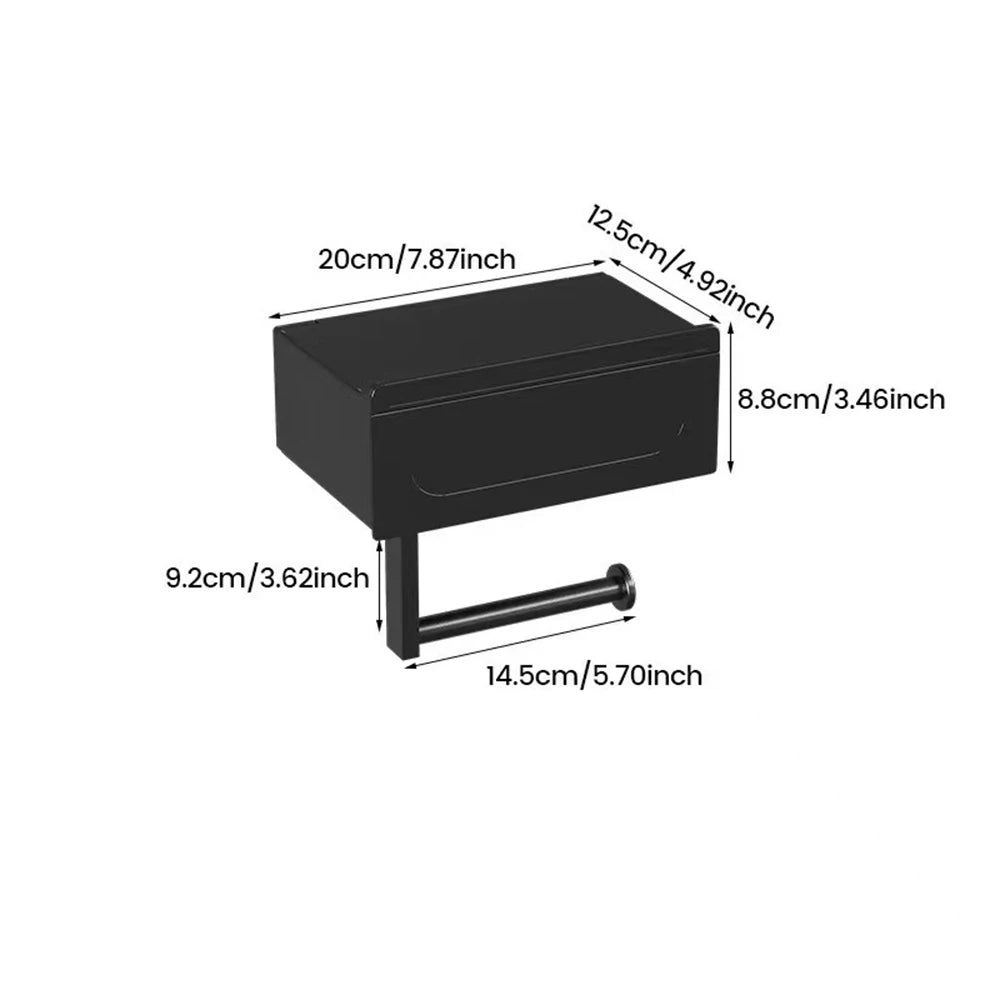 Toilet Paper Holder 275mm Wall Mounted Storage Shelf Adhesive Plastic Carbon Steel Dispenser – Black