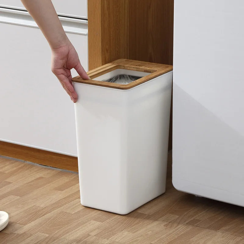 7.5L Countertop Waste Bin with Wooden Lid Tissue Holder Kitchen Bathroom Storage Bin