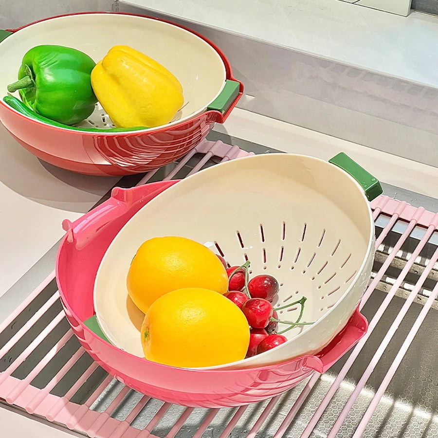 Double-Layer Draining Basket Fruit and Vegetable Wash & Storage Basket – Red