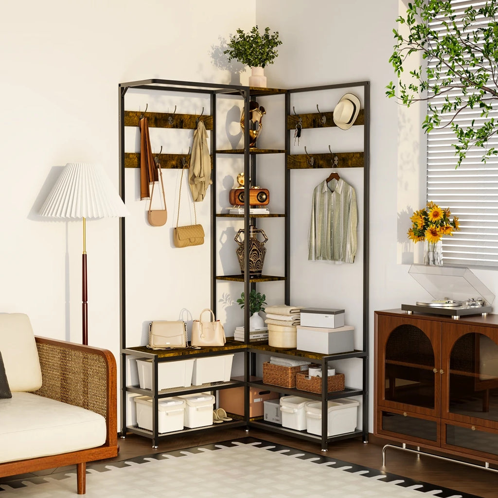 Heavy Duty Hall Tree Coat Rack with Shoe Bench and Shelves Freestanding Entryway Organizer - Black