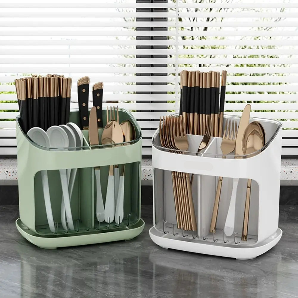 Large Capacity Chopstick Holder Cutlery Organizer with Drainage Tray and Detachable Storage Box – Green
