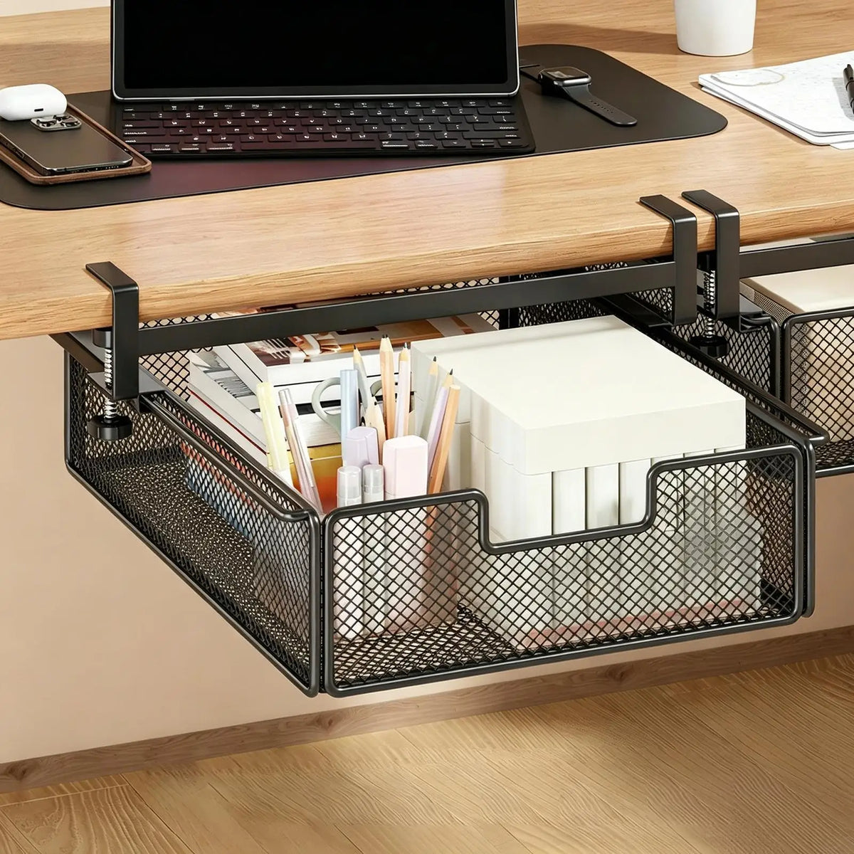 Under Desk Drawer 38 cm Slide Out Storage No Drill Clamp On Organiser - Black