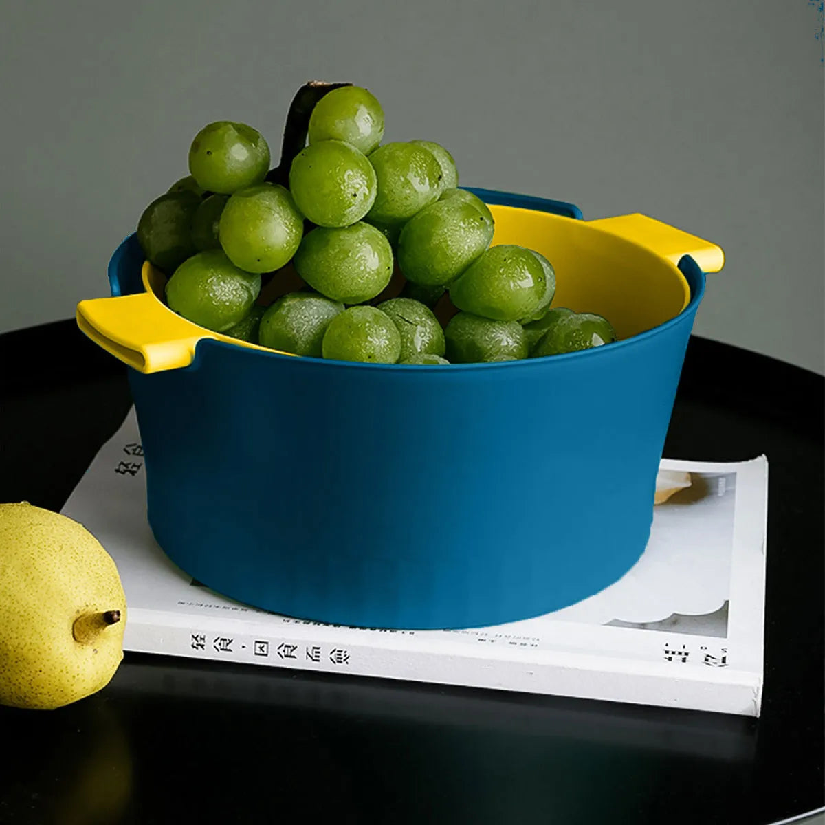 Double Layer Vegetable Basket 34.5cm Plastic Fruit Strainer Quick Drain - Blue