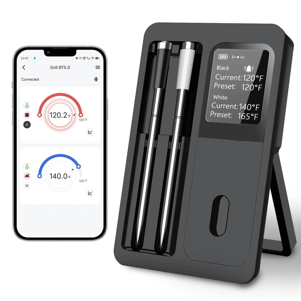 Wireless Bluetooth Meat Thermometer IP67 Waterproof Probes with LCD Screen 2 Probe Rechargeable for Grilling Smoker BBQ Oven