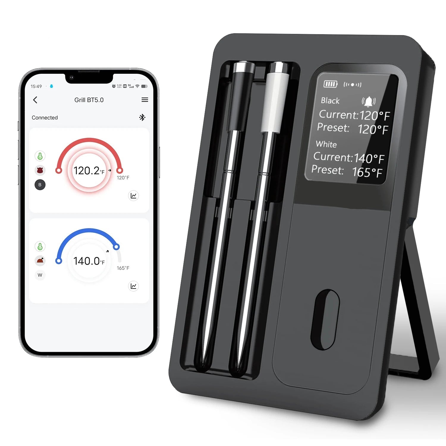 Wireless Bluetooth Meat Thermometer IP67 Waterproof Probes with LCD Screen 2 Probe Rechargeable for Grilling Smoker BBQ Oven