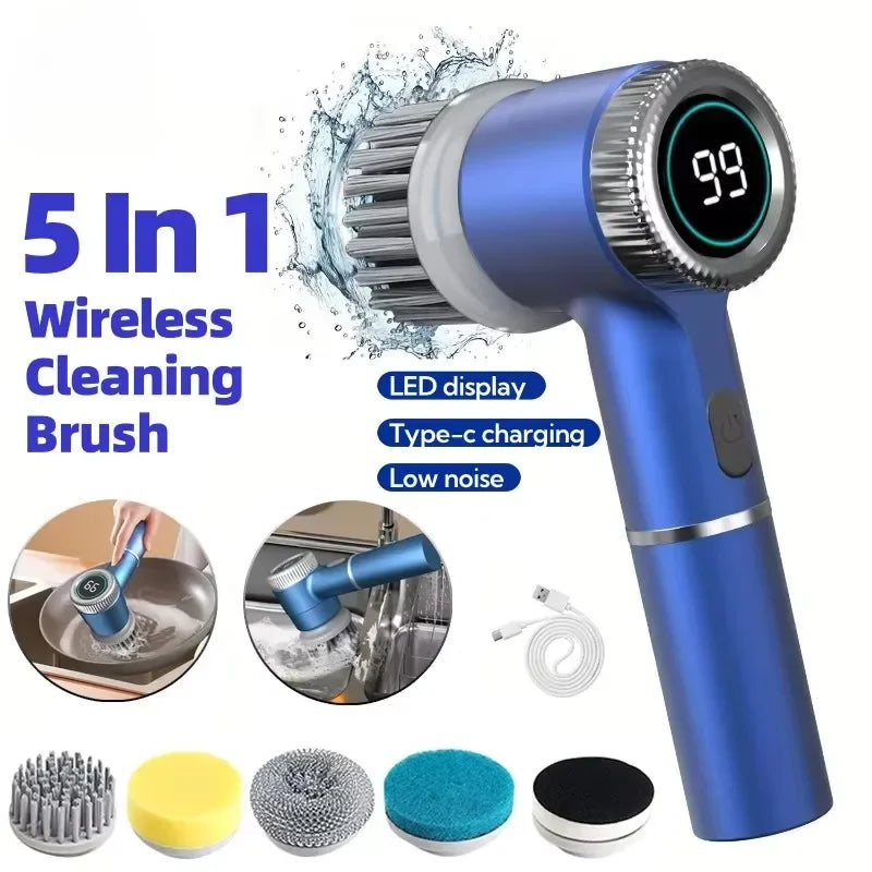 5-in-1 Electric Spin Cleaning Brush USB Rechargeable Cordless Scrubber with LED Display and 5 Brush Heads – Blue
