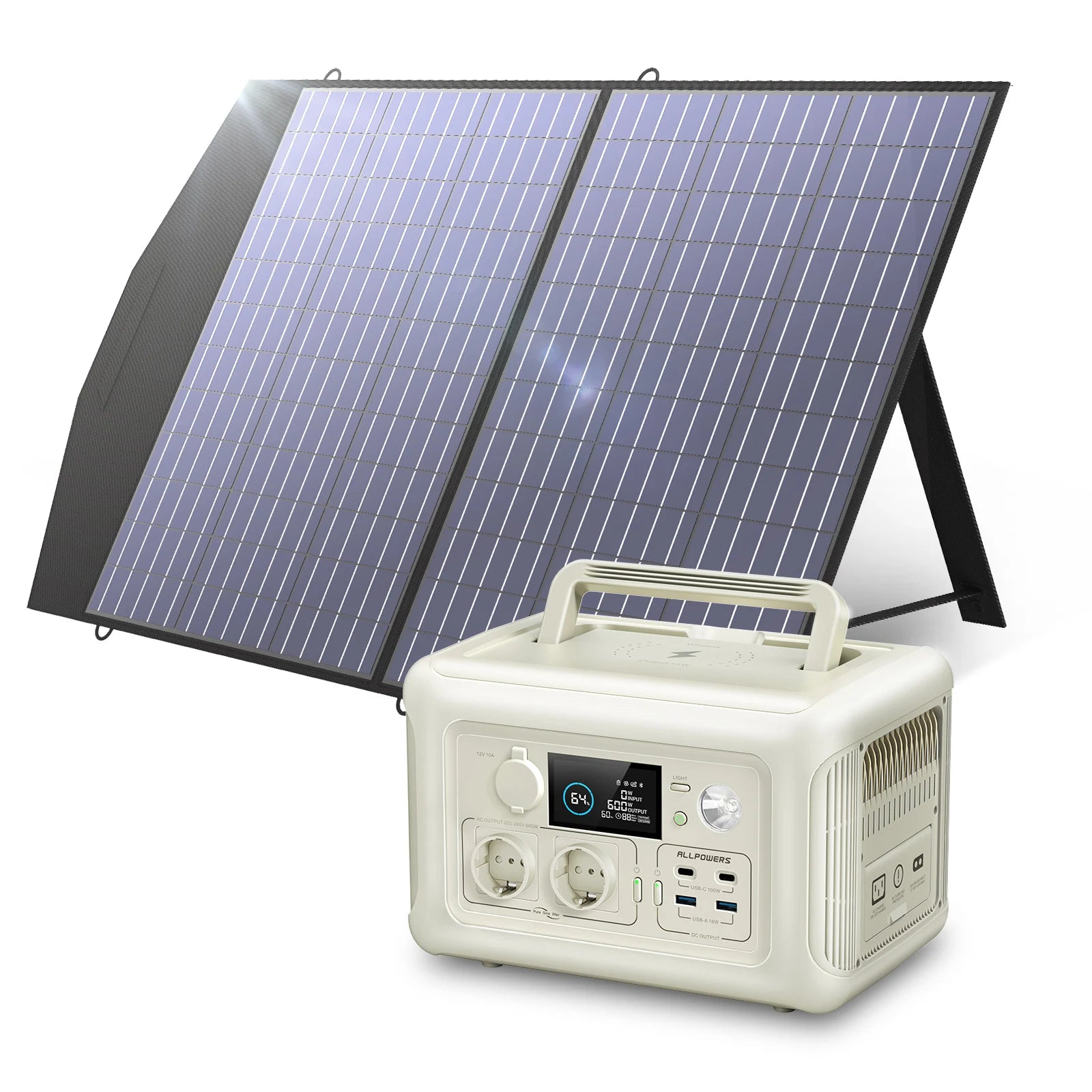 Solar Generator 299Wh 600W Portable Power Station with 100W Foldable Solar Panel – White