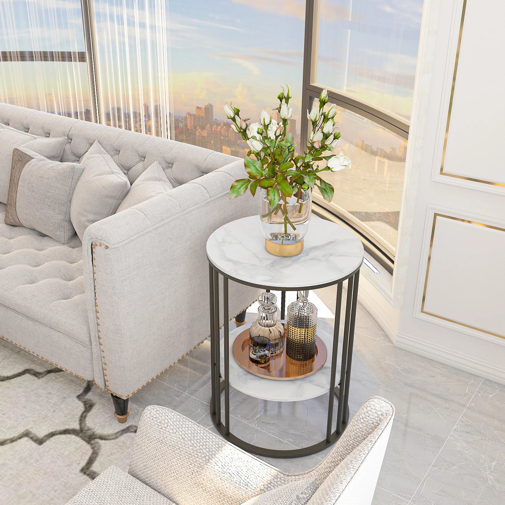 Side Table 40cm Round Marble Look Sintered Stone Top Metal Frame – Gold and White