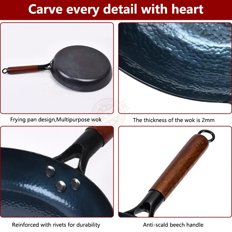 Iron Frying Pan 30cm Hand Hammered Round Bottom Induction Compatible – Blue