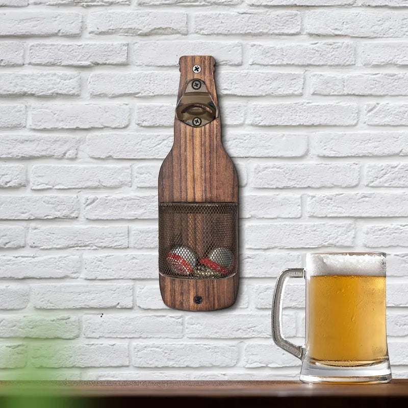 Industrial Wall Mounted Beer Bottle Opener with Cap Catcher Rustic Wooden Bottle Shaped Bar Opener – Brown