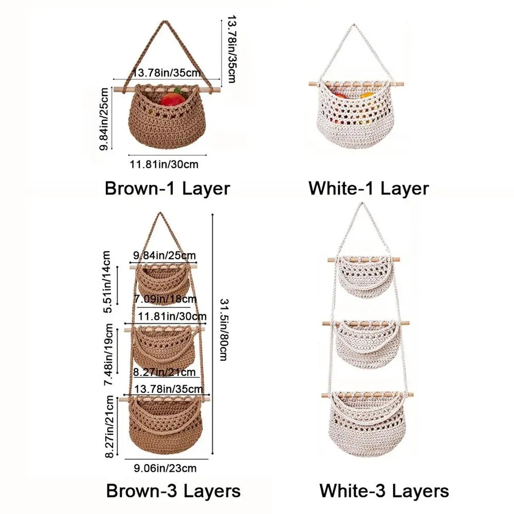 3 Tier Cotton Rope Hanging Storage Basket Wall Mounted Organizer – Beige
