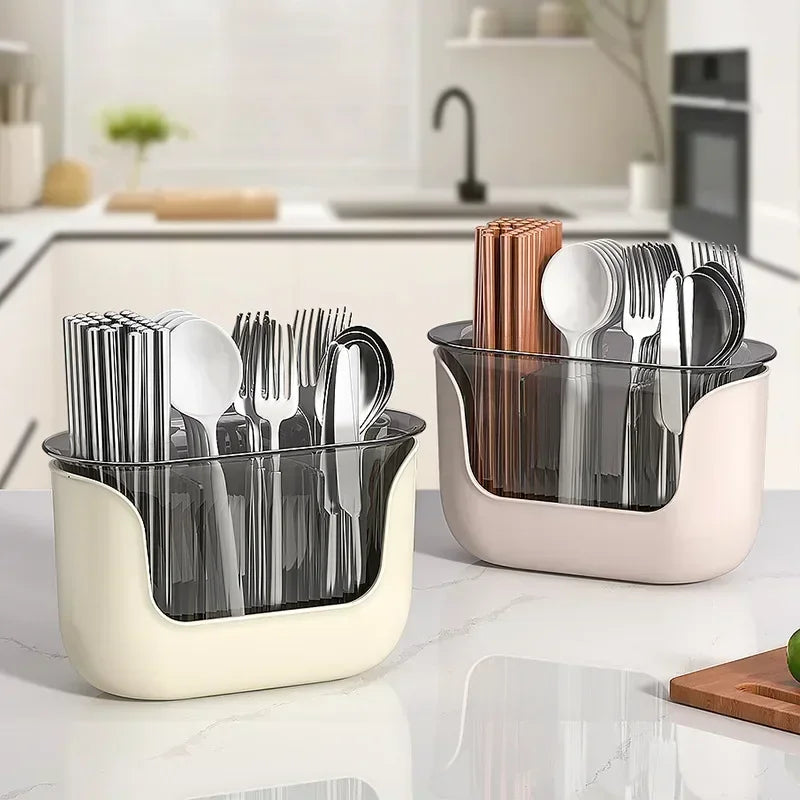 3-Compartment Cutlery Holder Plastic Chopstick Storage Basket With Drain Tray – Pink