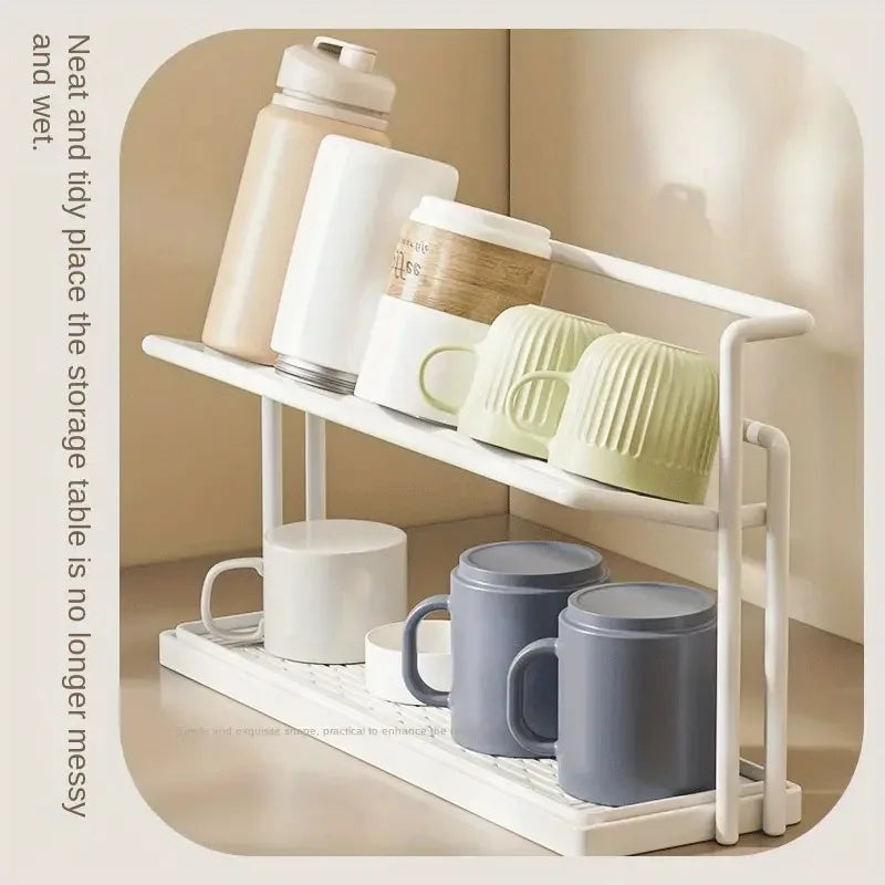 Cup Organizer 2 Tier Waterproof Countertop Storage Rack with Drain Tray Mug Holder - Black