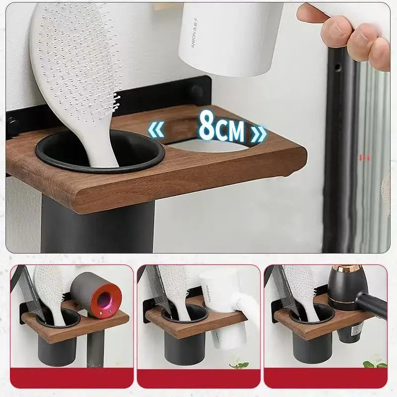 Portable Wall Mounted Hair Dryer Holder Wooden Bathroom Styling Tool Organizer - White