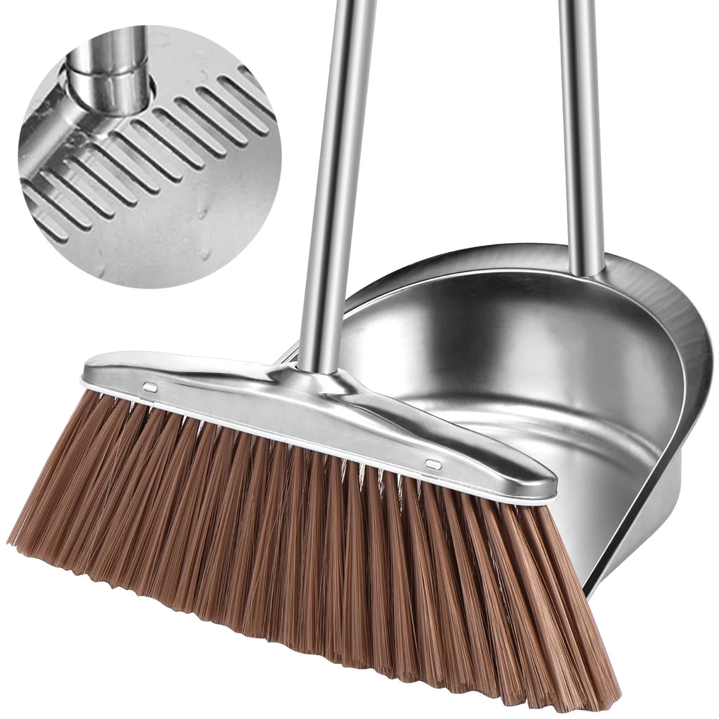 Broom and Dustpan Set Stainless Steel Long Handle Sweeping Cleaning Combo Round Dustpan