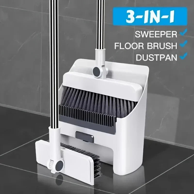 Broom and Dustpan Set 3-in-1 with Gap Cleaning Brush Compact Household Cleaning Tool - White