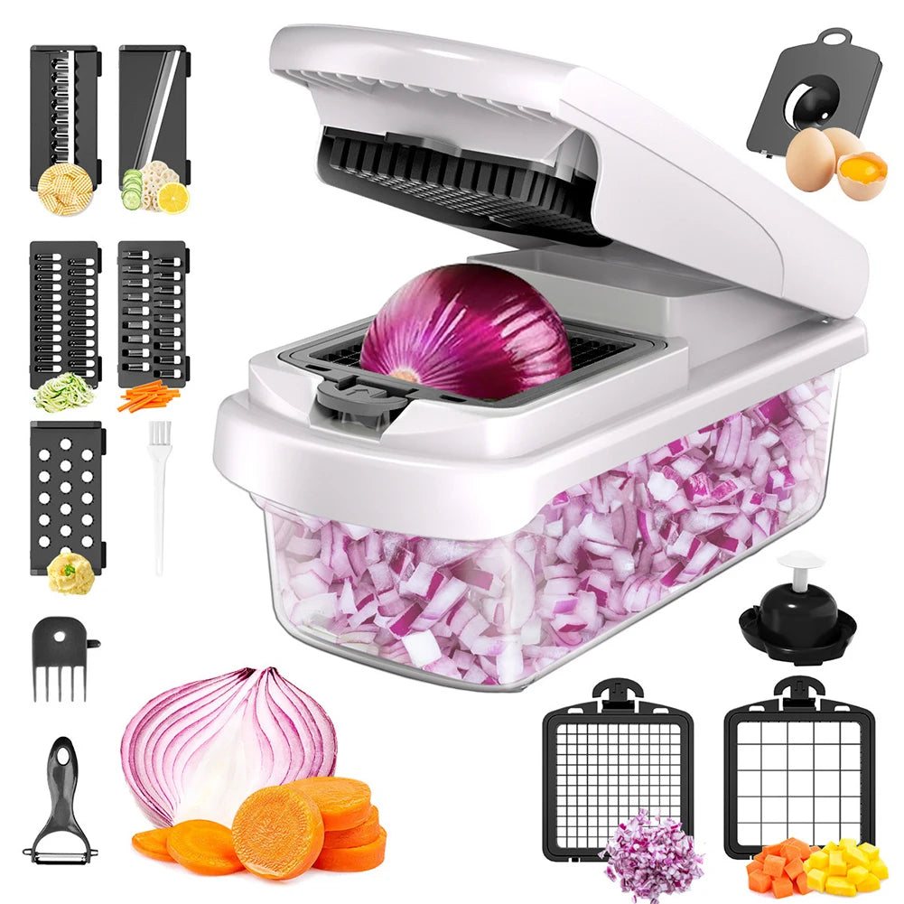 Vegetable Chopper 15 in 1 Multifunction Food Cutter with 8 Interchangeable Blades Container – Black