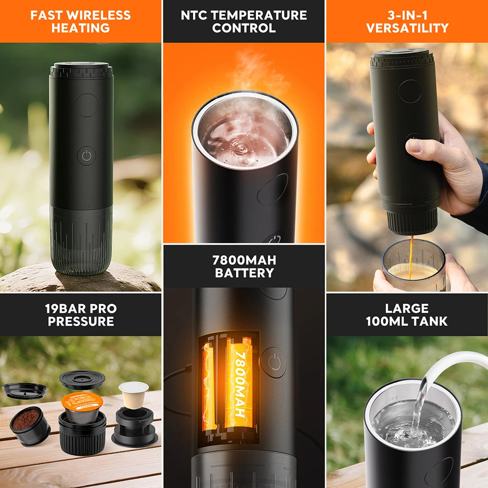 Portable Espresso Coffee Maker 3 in 1 Wireless Capsule Powder Machine 80ml - Black