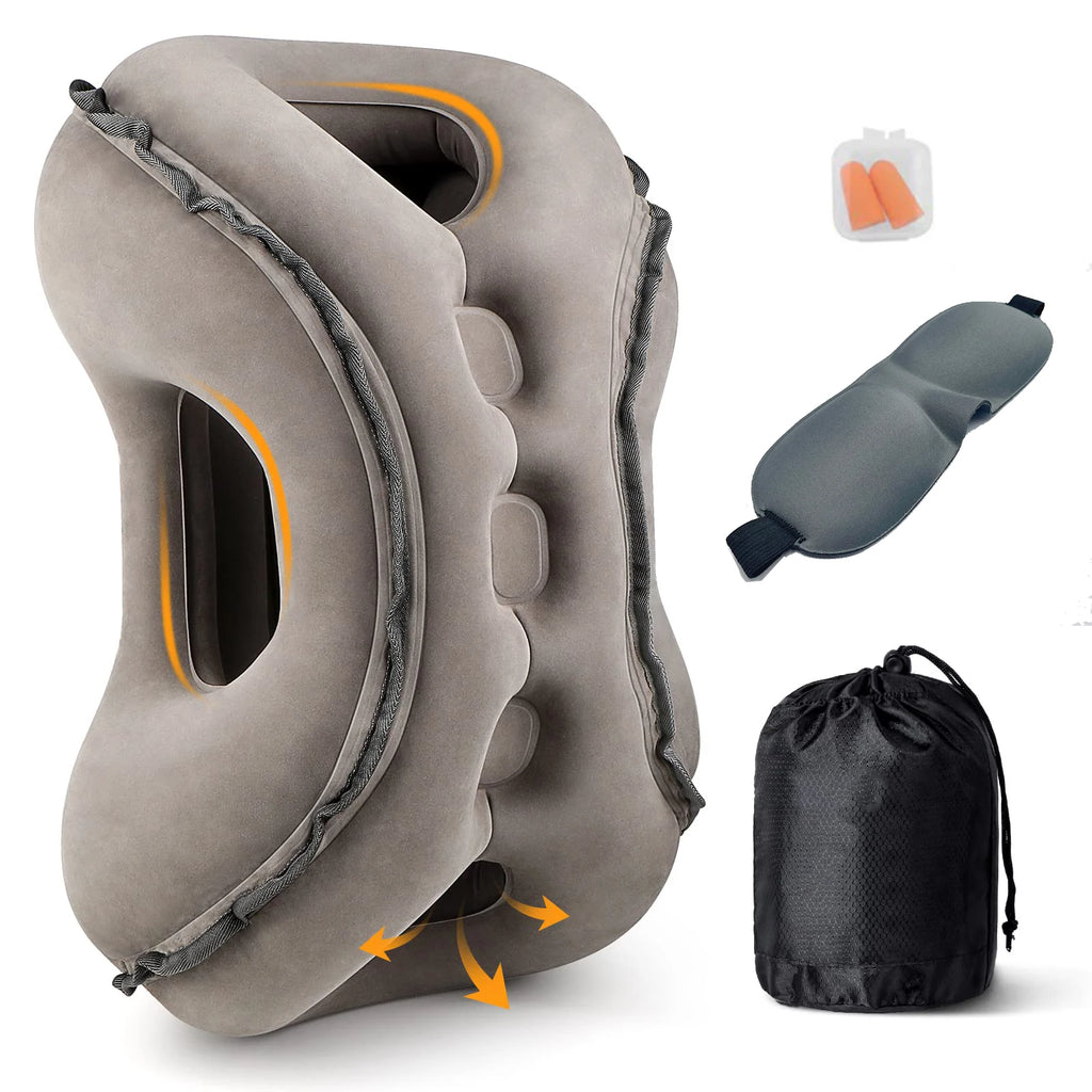 Inflatable Travel Neck Pillow Ergonomic Airplane Head and Neck Support Cushion – Grey